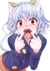  1other animal_ears blue_jacket blurry blush cat_ears cat_tail commentary_request cover cowboy_shot depth_of_field fangs hair_between_eyes heavy_breathing hunter_x_hunter jacket leaning_forward looking_at_viewer mouth_focus mouth_pull neferpitou nose_blush oral_invitation orange_skirt other_focus pleated_skirt red_eyes saliva saliva_drip sanpaku short_hair simple_background skirt solo spread_lips tail tongue tongue_out uvula watarui wavy_hair white_background white_hair wide-eyed 