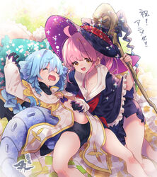  2girls :d artist_name blue_hair breasts brown_eyes cleavage commentary_request drill_hair drooling fa_(rpg_fudousan) from_above hamayumiba_sou hat holding holding_staff kazairo_kotone looking_at_viewer lying multiple_girls official_art on_back pink_hair rpg_fudousan second-party_source sleeping smile staff twin_drills witch_hat 