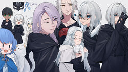  3boys 3girls absurdres avatar_(ff14) bangs bird_girl black_hair black_robe blue_capelet blue_eyes blush_stickers braid capelet closed_eyes emet-selch eyebrows_visible_through_hair eyes_visible_through_hair fangs feline final_fantasy final_fantasy_xiv glasses green_eyes grey_hair hermes_(ff14) highres hug hythlodaeus lilycious mask mask_around_neck mask_removed meteion multiple_boys multiple_girls multiple_views one_eye_closed open_mouth purple_eyes purple_hair smile venat_(ff14) white_background white_robe wing_ears yellow_eyes 