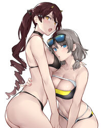  2girls :o animal_crossing arm_around_waist ass bare_arms bare_shoulders bikini black-framed_eyewear black_hair blue-tinted_eyewear blue_eyes blush breasts brown_hair c.j._(animal_crossing) cleavage collarbone drill_hair eyewear_on_head flick_(animal_crossing) hair_ornament highres horns large_breasts long_hair looking_at_viewer looking_to_the_side love_live! love_live!_sunshine!! low_twintails medium_breasts multi-strapped_bikini multicolored_bikini multicolored_clothes multiple_girls navel oerba_yun_fang open_mouth parted_lips ponytail sakurauchi_riko short_hair short_twintails sideboob simple_background strap_gap strapless strapless_bikini sunglasses surfing_orange swimsuit tinted_eyewear twintails v-shaped_eyebrows watanabe_you white_background yellow_eyes yuri 