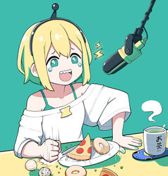  :d amano_pikamee aqua_camisole black_hairband blonde_hair bright_pupils camisole commentary doughnut duplicate female fingernails food green_background green_eyes green_hair green_nails gyari_(bird) hairband happy_tears highres jacy laughing long_sleeves microphone multicolored_hair nail_polish open_mouth pixel-perfect_duplicate pizza plate punching sharp_teeth short_hair simple_background smile solo spaghetti_strap steam sweater tears teeth two-tone_hair underwear virtual_youtuber voms white_sweater wide_sleeves 