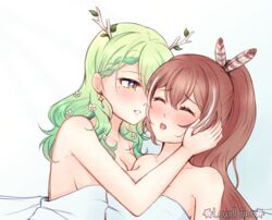  2girls antlers artist_name blanket blush braid brown_hair ceres_fauna closed_eyes collarbone commentary crown_braid english_commentary feather_hair_ornament feathers flower gradient gradient_background gradient_hair green_hair hair_ornament highres hololive hololive_english leaf lewdlilies lily_(flower) long_hair looking_at_another mole mole_under_eye multicolored_hair multiple_girls nanashi_mumei nude open_mouth ponytail upper_body virtual_youtuber white_background white_hair yuri 