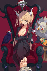  absurdres barefoot bird black_jacket black_pants black_suit blonde_hair bottle breasts business_suit clown_nose commentary_request cosplay crow crown cup demon_girl demon_horns drinking_glass eyepatch fake_horns feet female fischl_(genshin_impact) fork formal genshin_impact gloves green_eyes grin hair_over_one_eye hair_ribbon hand_up hat helltaker highres hilichurl_(genshin_impact) holding holding_bottle holding_cup holding_fork horns jacket juice kkry99 long_hair looking_at_viewer lucifer_(helltaker) lucifer_(helltaker)_(cosplay) medium_breasts mole mole_under_eye no_bra open_mouth orange_juice oz_(genshin_impact) pant_suit pants red_shirt ribbon santa_hat shirt sitting skull smile smug soles suit throne toes two_side_up white_gloves white_horns wine_glass 