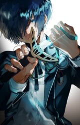  1boy bishounen black_jacket black_ribbon blue_eyes blue_hair dress_shirt fingernails gekkoukan_high_school_uniform glint hair_over_one_eye holding holding_sword holding_weapon jacket long_sleeves looking_at_viewer lor_(roasyerizyonirapi) male_focus neck_ribbon open_clothes open_jacket open_mouth persona persona_3 ribbon school_uniform shirt short_hair solo sword upper_body watch weapon white_background white_shirt wristwatch yuuki_makoto_(persona_3) 