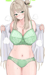  blue_archive blush bra breasts brown_hair closed_mouth female green_bra green_eyes green_halo green_panties halo highres large_breasts long_hair looking_at_viewer navel nonomi_(blue_archive) open_clothes open_shirt panties shirt simple_background solo standing sweat thighs tsumayouji_(tumayog) underwear white_background white_shirt 