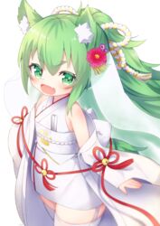  :d animal_ear_fluff animal_ears azur_lane bare_shoulders bell commentary_request commission female flower folded_fan folding_fan garter_straps green_eyes green_hair hair_between_eyes hair_flower hair_ornament hand_fan highres isokaze_(azur_lane) japanese_clothes jingle_bell kimono kokone_(coconeeeco) long_hair long_sleeves looking_at_viewer obi oerba_yun_fang off_shoulder open_mouth ponytail purple_flower red_flower sash simple_background skeb_commission sleeveless sleeveless_kimono sleeves_past_wrists smile solo thick_eyebrows thighhighs very_long_hair white_background white_kimono white_thighhighs wide_sleeves 