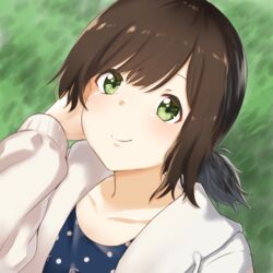  blush brown_hair casual closed_mouth dress female fubuki_(kancolle) grass green_eyes hand_in_own_hair highres hood hooded_jacket jacket kantai_collection lanthan polka_dot polka_dot_dress portrait short_ponytail sidelocks smile solo 