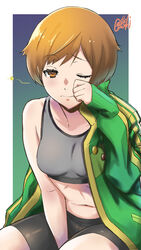  bike_shorts brown_eyes brown_hair commentary_request female gentle_sasaki green_jacket highres jacket one_eye_closed persona persona_4 satonaka_chie short_hair simple_background solo sports_bra track_jacket 