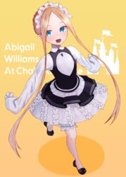  :d abigail_williams_(fate) abigail_williams_(festival_outfit)_(fate) absurdres blonde_hair blue_eyes blush breasts character_name dress fate/grand_order fate_(series) female forehead highres kopaka_(karda_nui) long_hair long_sleeves looking_at_viewer maid_day maid_headdress official_alternate_costume open_mouth parted_bangs sidelocks small_breasts smile solo white_dress 