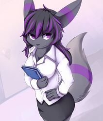  anthro bottomwear clothed clothing dark_hair eeveelution female fur generation_2_pokemon grey_body grey_bottomwear grey_clothing grey_fur grey_hair hair hi_res kutto kuttoyaki nintendo no_sclera pokemon pokemon_(species) purple_eyes purple_hair simple_background solo standing tail topwear umbreon white_clothing white_topwear 