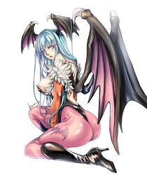  animal_print aqua_eyes aqua_hair ass backless_outfit bare_shoulders bat_print bat_wings black_footwear black_leotard boots breasts bridal_gauntlets commentary feather_trim female from_behind head_wings high_heel_boots high_heels highres kamijororo large_breasts leotard long_hair looking_at_viewer looking_back morrigan_aensland open_mouth pantyhose print_pantyhose purple_pantyhose signature simple_background solo vampire_(game) white_background wings 