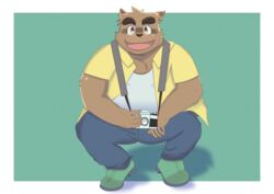  2022 absurd_res anthro bottomwear brown_body camera canid canine clothing hi_res humanoid_hands kamakitoron kemono kounosuke_(morenatsu) kumatoron male mammal morenatsu overweight overweight_male pants raccoon_dog shirt simple_background solo tanuki topwear 