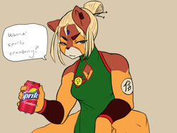  4:3 ailurid anthro breasts clothed clothing digital_media_(artwork) doof_rabbit ear_piercing female fur humor looking_at_viewer mammal meme piercing red_panda simple_background smile solo sprite_(soda) sprite_cranberry 