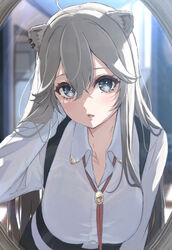  ahoge animal_ears bad_id bad_pixiv_id blue_eyes bolo_tie bra breasts eyelashes female grey_hair hair_between_eyes hololive icehotmilktea large_breasts lion_ears lion_girl long_hair long_sleeves looking_at_viewer official_alternate_costume official_alternate_hairstyle red_ribbon ribbon see-through shirt shishiro_botan shishiro_botan_(button-down) solo underwear virtual_youtuber white_shirt 