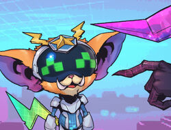  1boy :d alternate_costume android armor commentary facing_viewer gnar_(league_of_legends) goggles league_of_legends legends_of_runeterra male_focus multicolored_background phantom_ix_row pointing pointing_at_another power_armor smile solo_focus standing star_(symbol) symbol-only_commentary tail tusks upper_body yordle 