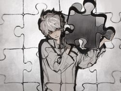  1boy baggy_clothes chinese_commentary collared_shirt commentary death_note grey_eyes highres holding jigsaw_puzzle long_sleeves male_focus mvrl near_(death_note) puzzle puzzle_piece shirt short_hair solo white_background white_hair 