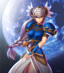  armor armored_dress blue_armor blue_eyes braid breastplate female full_moon grey_hair helmet hybridmink lenneth_valkyrie long_hair looking_at_viewer moon serious sword valkyrie_profile_(series) weapon winged_helmet 