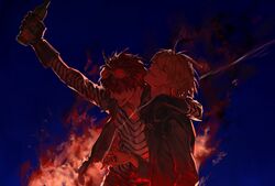  2boys alcohol beer black_jacket blonde_hair blue_background blue_eyes brown_hair chinese_commentary cigarette closed_eyes commentary_request death_note drink explosion fire gloves goggles goggles_on_head happy highres jacket long_sleeves male_focus matt_(death_note) medium_hair mello_(death_note) multiple_boys mvrl partial_commentary shirt short_hair smile smoke smoking striped_clothes striped_shirt vest 