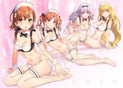  4girls :3 :o all_fours arm_strap arm_support bikini black_bow black_bowtie blonde_hair blush bow bowtie breasts brown_eyes brown_hair cleavage collarbone commentary_request detached_collar drill_hair feet flower frilled_bikini frills full_moon gloves groin hair_flower hair_ornament hairbow hand_on_own_hip hanging_breasts hokaze_junko knees_up large_breasts leaning_back legs long_hair looking_at_viewer maid maid_bikini maid_headdress medium_breasts misaka_mikoto moon multiple_girls navel parted_bangs photoshop_(medium) pink_background purple_eyes purple_hair raika9 red_bow red_eyes shirai_kuroko shokuhou_misaki short_hair sitting small_breasts smile sparkling_eyes stomach swimsuit thighhighs thighs toaru_kagaku_no_railgun toaru_majutsu_no_index twintails unconventional_maid very_long_hair white_gloves white_thighhighs wrist_cuffs yokozuwari 