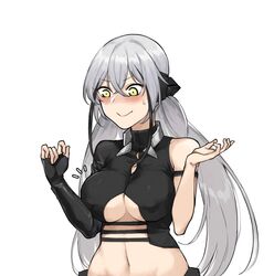  armband bad_id bad_pixiv_id bare_shoulders blush breasts closed_mouth commentary destroyer_(girls&#039;_frontline) embarrassed female gaia_(girls&#039;_frontline) girls&#039;_frontline grey_hair hair_between_eyes large_breasts long_hair looking_at_breasts mimyo navel sangvis_ferri single_sleeve solo sweatdrop twintails underboob very_long_hair white_hair yellow_eyes 