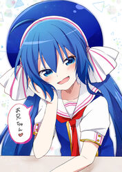  arm_support blue_eyes blue_hair blue_headwear blue_shirt blush commentary female half-closed_eyes head_rest large_hat looking_at_viewer necktie open_mouth otomachi_una otomachi_una_(sugar) red_necktie sailor_collar shirt short_sleeves sitting smile solo speech_bubble sudachi_(calendar) translated twintails upper_body vocaloid white_sailor_collar 