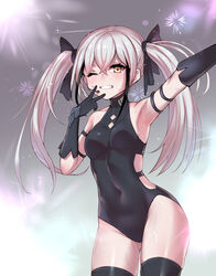  adapted_costume armpit_crease beruko14 black_gloves black_thighhighs blush breasts destroyer_(girls&#039;_frontline) female girls&#039;_frontline gloves grey_hair hair_between_eyes highres korean_commentary leotard long_hair medium_breasts protected_link sangvis_ferri solo sweat thighhighs twintails v very_long_hair yellow_eyes 