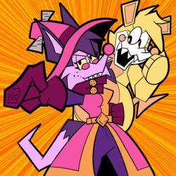  1:1 2022 american_opossum animatronic anthro duo female gesture hand_gesture hi_res jojo jojo&#039;s_bizarre_adventure jojo_pose laffi_(pembrokewkorgi) machine magic_user mammal marsupial meme pattern_background pembrokewkorgi pointing pointing_at_viewer robot simple_background striped_background witch 