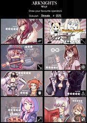  6+girls ? animal_crossing arknights axe beagle_(arknights) black_hair blonde_hair blue_eyes blue_necktie blue_poison_(arknights) book breasts brown_hair ch&#039;en_(arknights) character_name chart cleavage cleavage_cutout clothing_cutout copyright_name exusiai_(arknights) eyepatch eyewear_on_head feater_(arknights) feather_hair glasses grey_eyes gyari_(imagesdawn)_(style) hair_ornament hair_over_one_eye highres holding holding_book holding_weapon hood hoodie horns ifrit_(arknights) istina_(arknights) jacy large_breasts long_hair looking_at_another looking_at_viewer looking_away mayer_(arknights) medium_hair middle_finger mugen_ni_homete_kureru_haruno_sora_sensei_(voiceroid) multiple_girls necktie pink_hair popukar_(arknights) ptilopsis_(arknights) purple_hair reading red-framed_eyewear red_eyes red_hair round_eyewear saria_(arknights) semi-rimless_eyewear short_hair silence_(arknights) sunglasses under-rim_eyewear weapon white_hair x_hair_ornament zima_(arknights) 