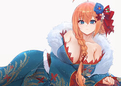  ahoge alternate_costume alternate_hairstyle arm_support bad_id bad_pixiv_id bare_shoulders blue_eyes blue_flower blue_kimono bow breasts chen_bingyou cleavage closed_mouth collarbone commentary female flower frills hair_bun hair_flower hair_ornament hair_ribbon hairbow japanese_clothes kimono kimono_pull large_breasts long_hair long_sleeves looking_at_viewer lying obi off_shoulder on_side orange_hair pecorine_(new_year)_(princess_connect!) pecorine_(princess_connect!) princess_connect! red_bow red_flower red_ribbon ribbon sash single_hair_bun single_side_bun smile solo white_flower wide_sleeves 