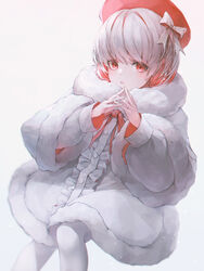  absurdres bow coat commentary crystalherb female highres interlocked_fingers long_sleeves looking_at_viewer original own_hands_together photoshop_(medium) red_eyes red_headwear solo symbol-only_commentary white_background white_bow white_coat white_hair white_legwear 