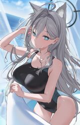  animal_ear_fluff animal_ears black_halo black_one-piece_swimsuit blue_archive blue_eyes breasts collarbone commentary_request competition_swimsuit dark_halo extra_ears female grey_hair hair_between_eyes halo hand_up highres jfjf large_breasts long_hair looking_at_viewer ocean official_alternate_costume one-piece_swimsuit outdoors paid_reward_available shiroko_(blue_archive) shiroko_(swimsuit)_(blue_archive) shiroko_terror_(blue_archive) solo swimsuit wet wolf_ears 