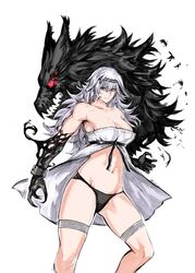  black_hairband black_panties black_ribbon breasts claws cleavage closed_mouth collarbone dress feet_out_of_frame female grey_hair hair_between_eyes hairband highres large_breasts long_hair looking_at_viewer navel original panties ribbon simple_background solo underwear white_background wolf yourfreakyneighbourh 