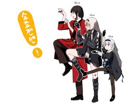  3girls an-94_(girls&#039;_frontline) black_footwear black_hair blue_hair blush boots brown_legwear brown_pants coat embarrassed female_commander_(girls&#039;_frontline) girls&#039;_frontline green_eyes grey_hair griffin_&amp;_kryuger_military_uniform grin hairband highres huqu jacket korean_commentary korean_text long_hair multiple_girls pants pantyhose parody red_coat red_eyes scar scar_on_neck shoes simple_background smile standing standing_on_one_leg thunder_(girls&#039;_frontline) white_background yellow_eyes yotsubato! yotsubato!_pose 