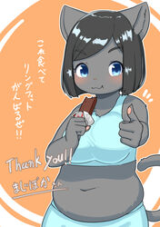  2020 4_fingers 848siba absurd_res anthro belly black_hair blue_clothing blue_eyes blush bottomwear breasts chest_tuft claws clothed clothing digital_media_(artwork) domestic_cat eating emanata english_text eyebrows felid feline felis female female_anthro fingers food fur gesture glistening glistening_hair grey_body grey_ears grey_fur grey_tail hair half-length_portrait hand_gesture hi_res holding_food holding_object inner_ear_fluff japanese_text kemono looking_at_viewer mammal navel orange_background pawpads pink_nose portrait shaded short_hair simple_background slightly_chubby smile snack solo tail text thumbs_up topwear translated translated_description tuft white_background 