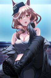  animal_ears bare_shoulders boc&#039;z_(umamusume) boots breasts brown_eyes brown_hair cleavage crop_top crossed_legs ears_through_headwear female hand_up hat highres horse_ears horse_girl jacket jacket_partially_removed long_hair matikane_tannhauser_(boc&#039;z)_(umamusume) matikane_tannhauser_(umamusume) medium_breasts midriff multicolored_hair official_alternate_costume open_mouth pants sitting solo streaked_hair umamusume white_hair yu_ni_t 