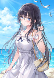  10nen-buri_ni_saikai_shita_kusogaki_wa_seijun_bishoujo_jk_ni_seichou_shite_ita animal bag bare_shoulders bird black_hair blue_eyes blue_sky blush breasts closed_mouth cloud commentary_request cowboy_shot day dress female frilled_dress frills gendouji_asaka glasses handbag higeneko highres horizon long_hair looking_at_viewer medium_breasts novel_illustration ocean off-shoulder_dress off_shoulder official_art outdoors shoulder_bag sky smile solo straight_hair sunlight very_long_hair water white_dress 