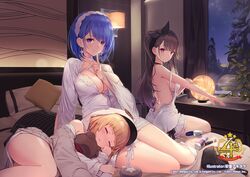  3girls azumi_akitake azur_lane backless_outfit black_bag blonde_hair blue_hair breasts brown_hair chapayev_(azur_lane) chapayev_(white_cavalier&#039;s_respite)_(azur_lane) choker cleavage closed_eyes commentary_request dress finger_to_mouth grozny_(azur_lane) hairband indoors lace-trimmed_dress lace_hairband lace_trim lamp lap_pillow large_breasts long_hair looking_at_viewer medium_hair multiple_girls nightgown off_shoulder official_alternate_costume official_art on_bed pamiat_merkuria_(azur_lane) purple_eyes second-party_source sideboob sitting sleeping white_choker white_nightgown 