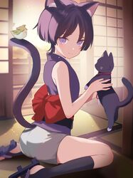  2boys animal_ears blush cat_ears cat_tail closed_mouth collar dual_persona feline genshin_impact grey_shorts highres looking_at_viewer male_focus multiple_boys purple_hair purple_shirt red_collar rrr_gns_(riuriu_1212) sandals scaramouche_(cat)_(genshin_impact) scaramouche_(genshin_impact) shirt shorts sleeveless sleeveless_shirt smile tail 