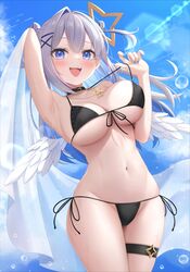  :d absurdres alternate_breast_size amane_kanata angel_wings arm_up armpits bikini black_bikini black_choker blue_eyes blue_hair blue_nails blue_sky blush breasts choker cloud colored_inner_hair day female grey_hair hair_bun hair_ornament highres holding_shawl hololive jewelry keikei_(kitty_colors) large_breasts lens_flare long_hair multicolored_hair navel necklace outdoors pulling_own_clothes see-through see-through_shawl shawl side-tie_bikini_bottom sky smile solo star_(symbol) star_hair_ornament stomach strap_pull sunlight swimsuit thigh_strap thighs virtual_youtuber wings 