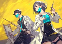  1boy aqua_necktie arms_up black_hair black_pants black_skirt blue_necktie breasts cleavage closed_mouth collarbone commentary_request doctor dress female grey_hair highres holding holding_shield holding_syringe holding_weapon kusano_shinta lab_coat lips long_sleeves looking_to_the_side mask mouth_mask necktie original pants red_eyes shield short_hair simple_background skirt syringe thigh_strap weapon yellow_background 