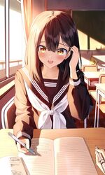  1other :d black_hair black_serafuku blush brown_eyes chair chalkboard classroom collarbone commentary curtains desk female hair_between_eyes highres holding holding_pen indoors long_hair long_sleeves looking_at_viewer on_chair open_mouth original out_of_frame pen pentagon_(railgun_ky1206) pov pov_hands school_desk school_uniform serafuku sitting sitting_sideways smile solo_focus sunset teeth textbook tucking_hair upper_teeth_only window 