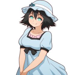  aqua_eyes black_hair blue_dress blue_hat bow breasts commentary dress english_commentary eyebrows_hidden_by_hair female hair_between_eyes hat hat_bow medium_breasts medium_hair mike_inel puffy_short_sleeves puffy_sleeves shiina_mayuri short_sleeves smile solo steins;gate transparent_background upper_body 