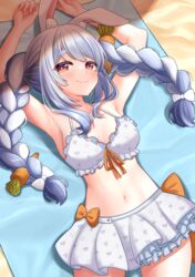  absurdres animal_ear_fluff animal_ears armpits bikini blue_hair blush braid breasts carrot_hair_ornament censored cleavage closed_mouth female food-themed_hair_ornament grey_bikini hair_ornament highres hololive hololive_summer_2022_swimsuit kokemomo_(makesound) long_hair looking_at_viewer lying midriff mosaic_censoring multicolored_hair navel official_alternate_costume on_back photoshop_(medium) print_bikini rabbit-shaped_pupils rabbit_ears rabbit_girl smile solo sweat swimsuit symbol-shaped_pupils thick_eyebrows thighs twin_braids twintails two-tone_hair usada_pekora virtual_youtuber white_hair 