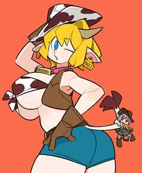  2girls alice_margatroid animal_ears animal_print ass bell belt blonde_hair blue_eyes blue_shorts boots breasts brown_belt brown_footwear brown_gloves brown_vest commentary_request cookie_(touhou) cow_ears cow_girl cow_horns cow_print cow_tail cowbell cowboy_shot gloves grey_hair grey_skirt grey_vest horns kofji_(cookie) large_breasts long_sleeves looking_at_viewer mini_person minigirl mouse_ears mouse_girl mouse_tail multiple_girls nazrin neck_bell one_eye_closed open_mouth orange_background red_eyes scotch_(cookie) shirt short_hair shorts simple_background skirt tail tail_grab tied_shirt touhou vest web_(cookie) white_shirt 