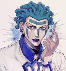  1boy aura cioccolata earrings facepaint facial_mark green_eyes green_hair halo highres jewelry jojo_no_kimyou_na_bouken lipstick makeup male_focus purple_lips sano_(hospital_0434) scalpel solo 