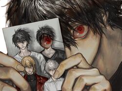  4boys age_difference bags_under_eyes beyond_birthday black_eyes black_hair black_shirt blonde_hair bloodshot_eyes blue_eyes burn_scar commentary death_note grey_eyes height_difference highres holding jacket l_(death_note) leather leather_jacket looking_at_viewer male_focus medium_hair mello_(death_note) multiple_boys mvrl near_(death_note) photo_(object) red_eyes red_jacket scar scar_on_face shirt short_hair white_hair white_shirt 