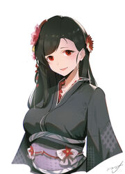  absurdres black_hair black_kimono breasts chinese_commentary commentary_request female final_fantasy final_fantasy_vii flower hair_flower hair_ornament highres japanese_clothes kimono long_hair looking_at_viewer medium_breasts mooofoo obi official_alternate_costume open_mouth red_eyes red_flower sash simple_background solo straight_hair tifa_lockhart tifa_lockhart_(exotic_dress) upper_body white_background wide_sleeves 