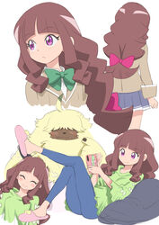  1boy angoramon blue_pants blunt_bangs blush brown_hair cellphone closed_eyes closed_mouth digimon digimon_(creature) digimon_ghost_game female green_shirt highres holding holding_phone kikurage_(crayon_arts) long_hair looking_to_the_side multiple_views pants phone pink_eyes pink_footwear school_uniform shirt sidelocks simple_background smile tsukiyono_ruli white_background 