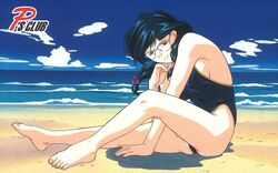  1990s_(style) arm_between_legs barefoot beach blue_eyes blue_one-piece_swimsuit braid casual_one-piece_swimsuit day female full_body glasses kinomiya_yukari long_hair looking_at_viewer non-web_source official_art one-piece_swimsuit outdoors retro_artstyle scan smile solo super_real_mahjong swimsuit tanaka_ryou twin_braids 