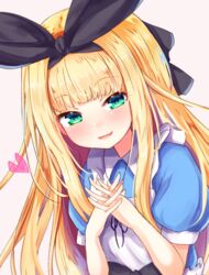  baram black_ribbon blonde_hair blue_dress blunt_bangs blush brown_background collared_dress commentary_request dress female green_eyes hair_ribbon hands_up heart highres interlocked_fingers long_hair looking_at_viewer mononobe_alice mononobe_alice_(1st_costume) nijisanji own_hands_together puffy_short_sleeves puffy_sleeves ribbon short_sleeves simple_background smile solo upper_body very_long_hair virtual_youtuber 